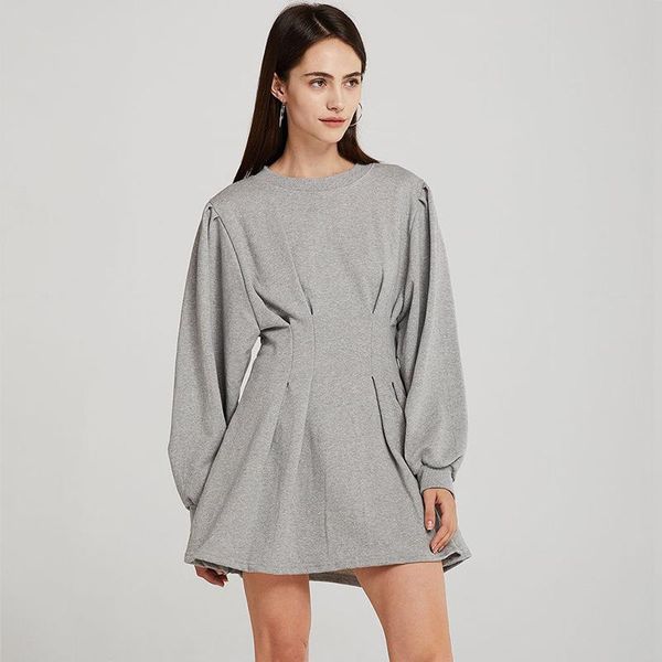 

women casual dress spring autumn new solid o-neck lantern sleeve dresses mini wild loose female fashion dresses vestidos, Black;gray