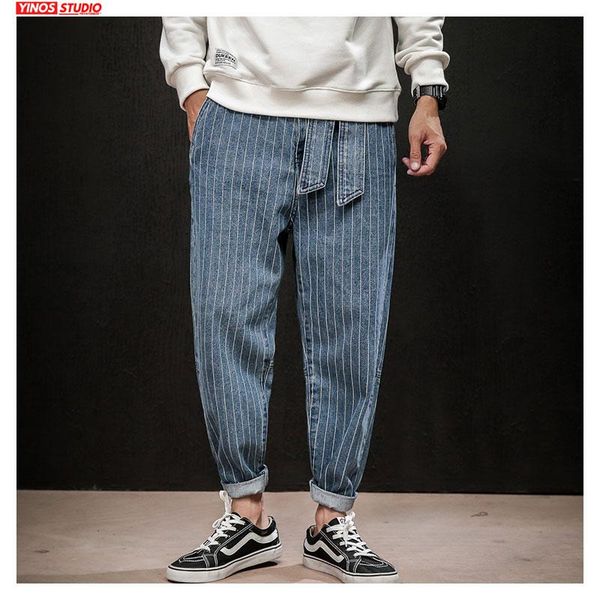 

dropshipping autumn 2020 mens striped demin pants mens ins streetwear baggy trousers male causal solid jeans pants, Black