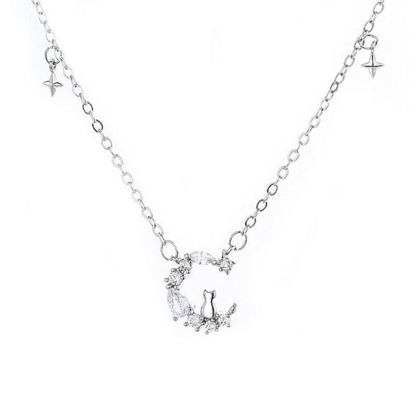 

pendant necklaces oly2u collar charm zircon moon star necklace wedding jewelry cute unique cat kitten choker for women, Silver
