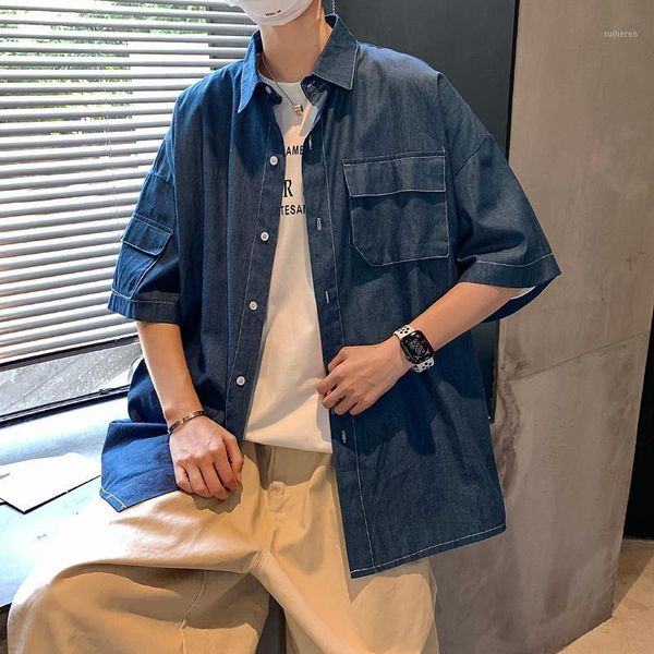 

100% cotton summer jeans shirt men fashion 2020 front big pocket loose mens casual shirts all match short sleeve men denim shirt1, White;black