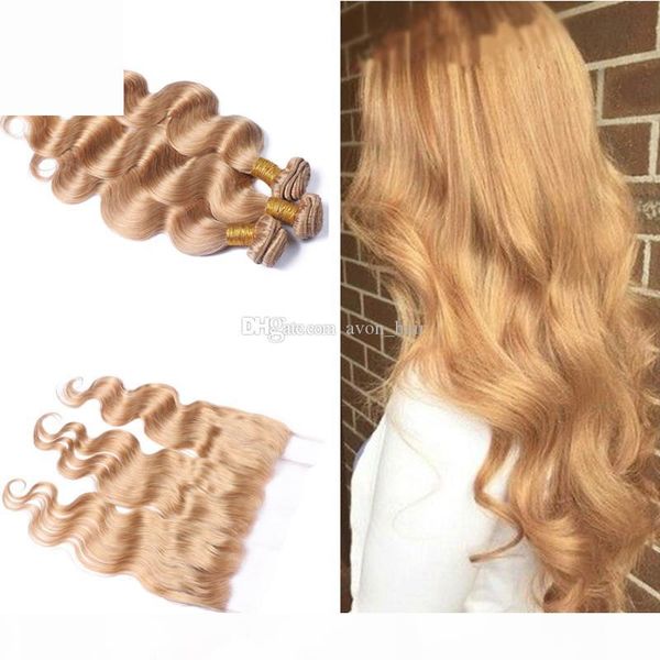 

honey blonde body wave wavy hair bundles with lace frontal 13x4 pure color 27 ear to ear frontal with body wave hair extension, Black;brown