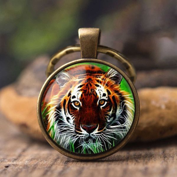 

round animal rhino elephant p wild tiger horse keychain car key ring glass cabochon jewelry cute pet pendant women m, Slivery;golden