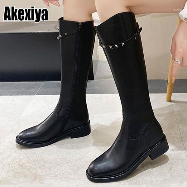 

winter pu leather women knee high boots low heels platform ladies shoes zipper rivet vintage riding boots zapatos mujer p2701, Black