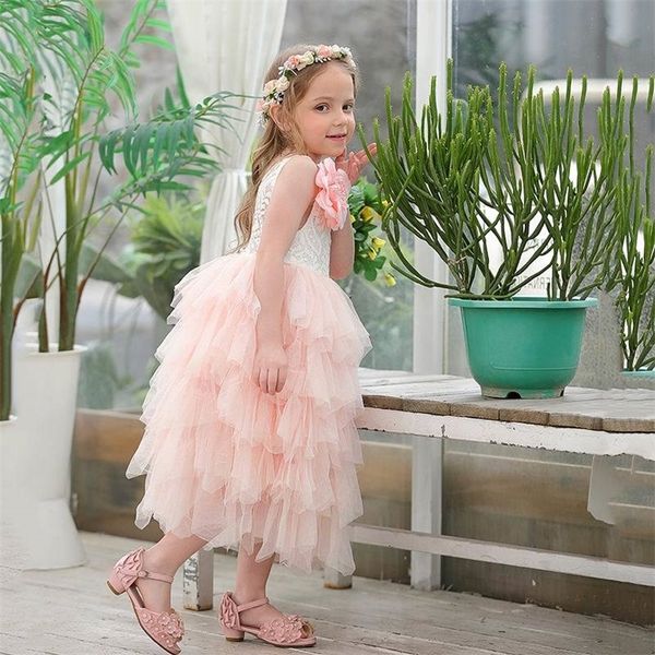 

retail summer new girl lace dress princess flower tiered tulle mid-calf sundress for wedding party children clothing e17103 t200624, Red;yellow