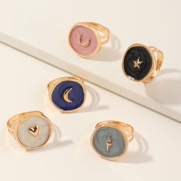 

new enamel moon star ring for women girls adjustable round female finger rings party jewelry gifts, Golden;silver