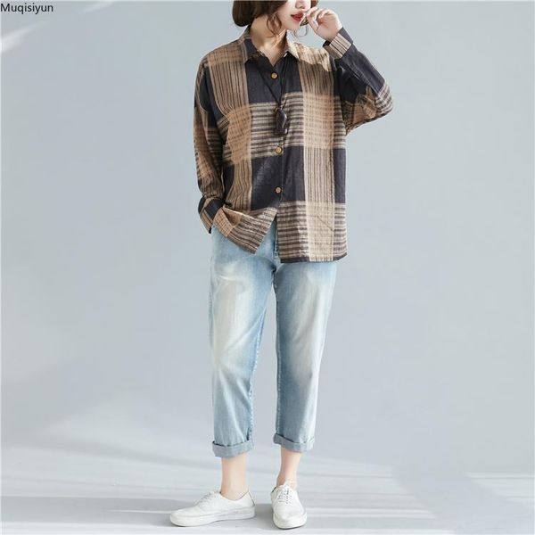 

plus size women blouse shirts lady tunic cotton linen vintage loose casual print palid thin spring female clothing s3317, White