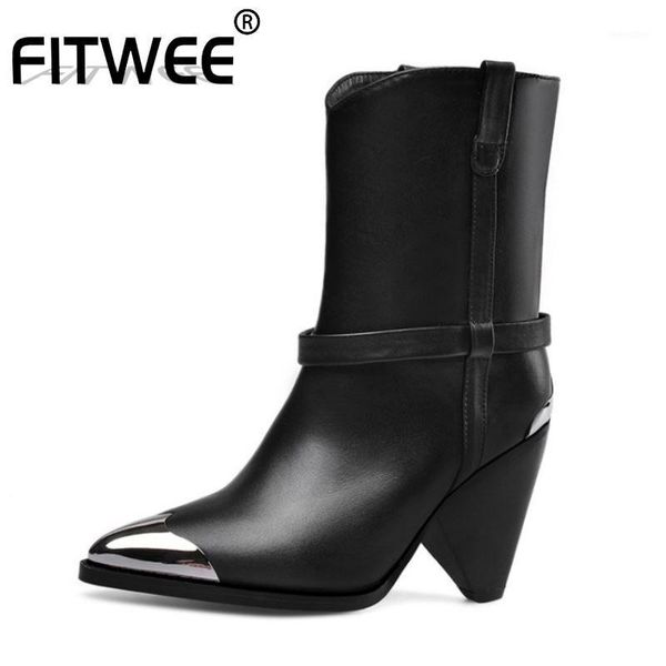 

fitwee women real leather mid calf boots for women pointed toe footwear winter snakeskin pattern boots size 33-431, Black