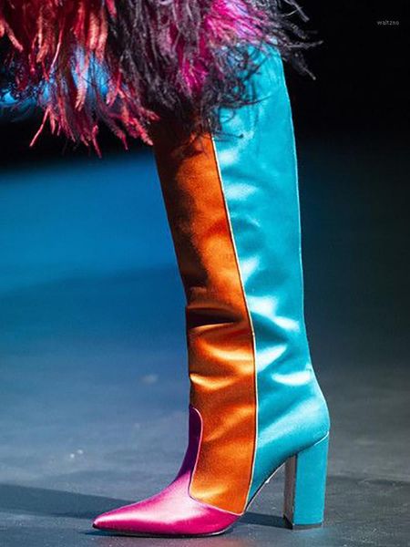 

trendy fashion knee high boots patchwork chunky heels pointed toe mixed color shoes slip on slouth woman long boots fall winter1, Black