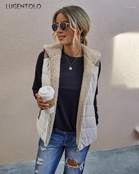 

women vest coat autumn pocket fashion simple splicing coats plush two side vest female casual jackets lugenolo1, Black;white