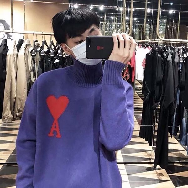 

ami sweater men women turtleneck sweater pullover red heart mattiussi solid color winter autumn harajuku flame knited long sleeve, White;black