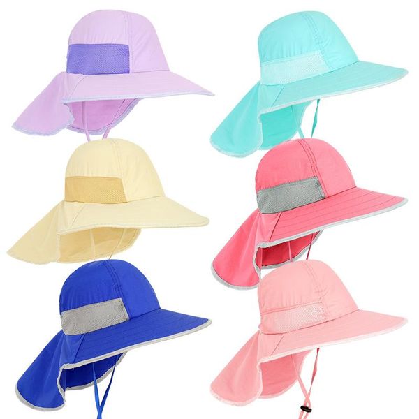 

wide brim hats kids summer hat girls boys sun with neck flap uv protection safari baby child travel cap 2-12 years old, Blue;gray