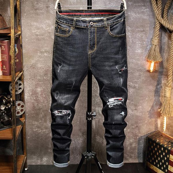 

men's jeans spring black ripped cotton stretch slim hip-hop punk fashion denim pants distressed biker mens street wear, Blue