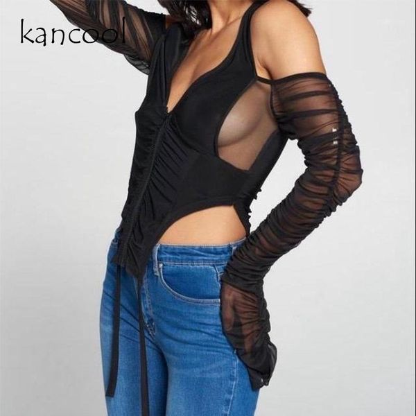 

women's t-shirt kancool party clubshirt women front zipper low neck off shoulder mesh irrigular longsleeve female halter clothing1, White