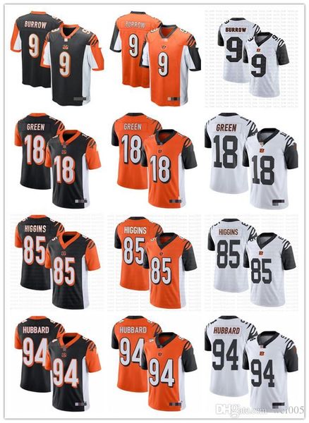 

men women youth cincinnati bengals 18 a.j. green 9 joe burrow 85 tee higgins 94 sam hubbard black orange custom football jersey, Black;red