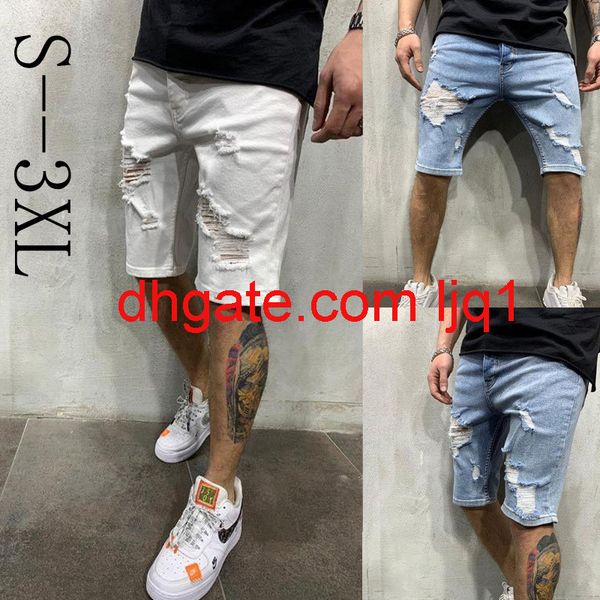 

2020 white tight holed denim mid pants solid color trend men's pants, Blue