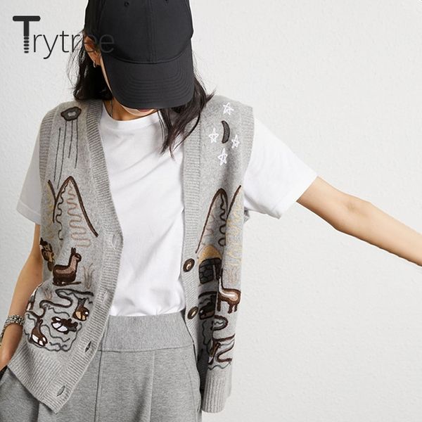 

trytree autumn winter women sweater vest casual embroidery cartoon single breasted knitted young style vest women tank y201128, Black;white