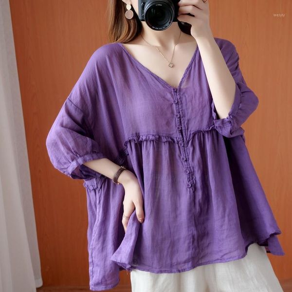 

tingyili -4xl plus size v-neck women blouses summer vintage half sleeve ruffle casual loose big size purple blouse shirt1, White
