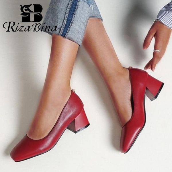 

rizabina women square toe high heels shoes women slip on thick heel pumps ladies shallow office brief daily footwear size 32-431, Black