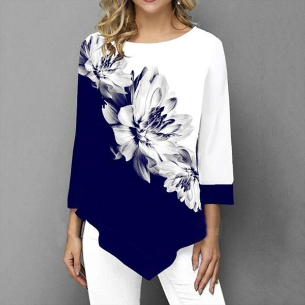 

shirt women spring autumn printing o neck blouse 3 4 sleeve casual hem irregularity female fashion shirt plus size, White