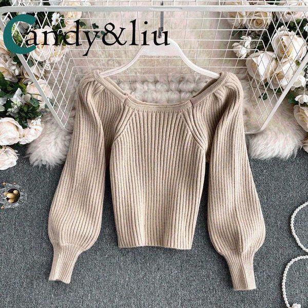 

autumn and winter new sweet age sweater knitwear women's round collar shoulder bubble sleeve lovely 100 jacket wome1, Gray