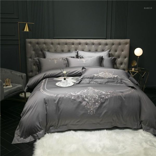 

high end silver grey 1000tc egyptian cotton embroidery bedding set 4pcs  king size duvet cover bed sheet soft breathable1