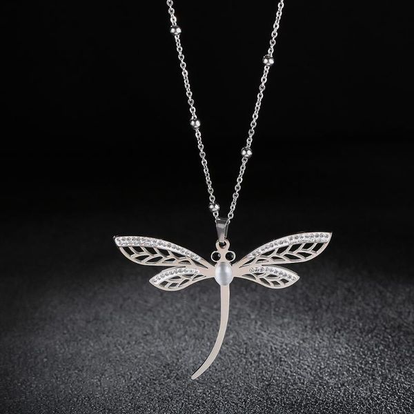 

новый дизайн crystal dragonfly ожерелье для женщин 2020 подвеска из нержавеющей стали 2020 подвеска из нержавеющей стали ссылки цепи длинные, Silver