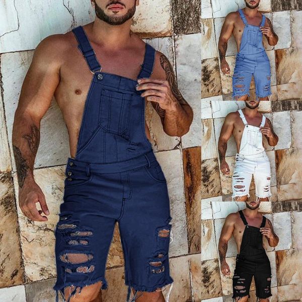 

shujin men's denim overalls 2020 summer ripped jean short jumpsuit fashion streetwear hip hop plus size 4xl suspender pants1, Blue