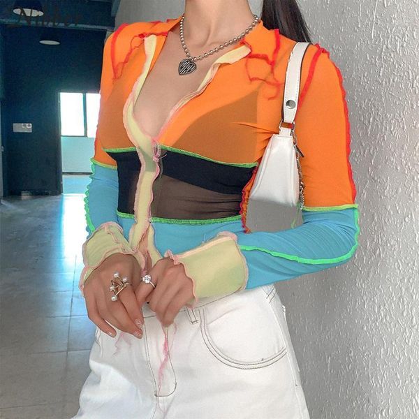 

mesh see through women crop long sleeve patchwork t shirts deep v neck party club fashion street style tee1, White