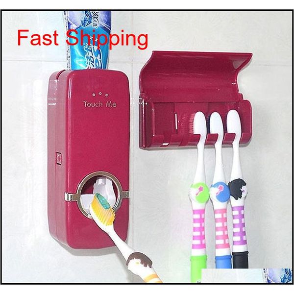 

automatic auto toothpaste dispenser +5 bit toothbrush holder set wall mount wine red and white bathroom accessories iunix