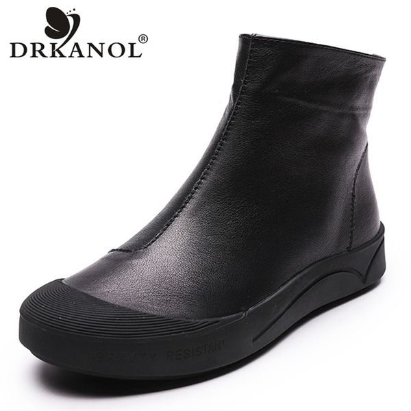 

drkanol autumn winter genuine leather flat ankle boots for women warm boots side zipper soft comfortable cow leather botas h8066 201215, Black