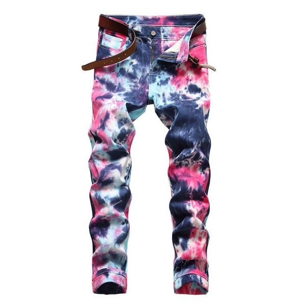 

men's jeans men tie dye printed trousers straight stretch denim pants for male streetwear hip hop, Blue
