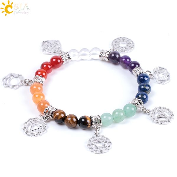

healing chakra csja 7 bracelet sale 8mm balance energy beads prayer natural stone yoga charms strand bracelets for w, Golden;silver