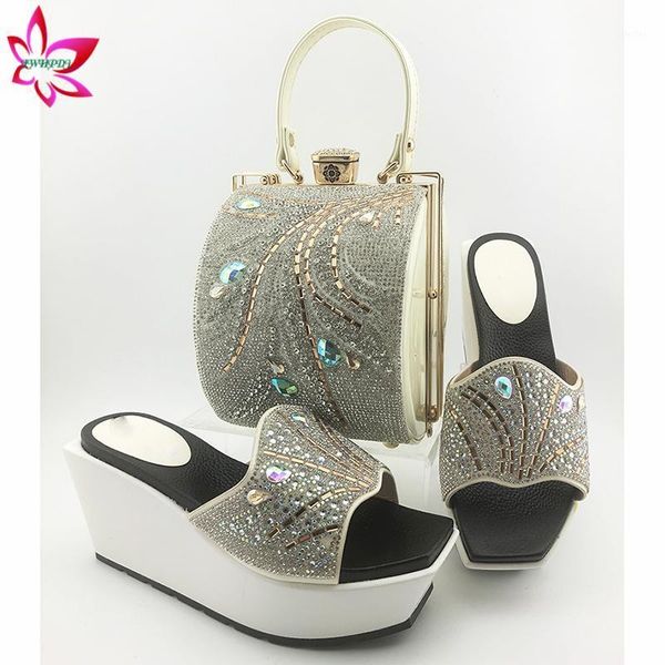 

2020 new design white color fashion rhinestone woman shoes and matching bag set african style pumps for party1, Black