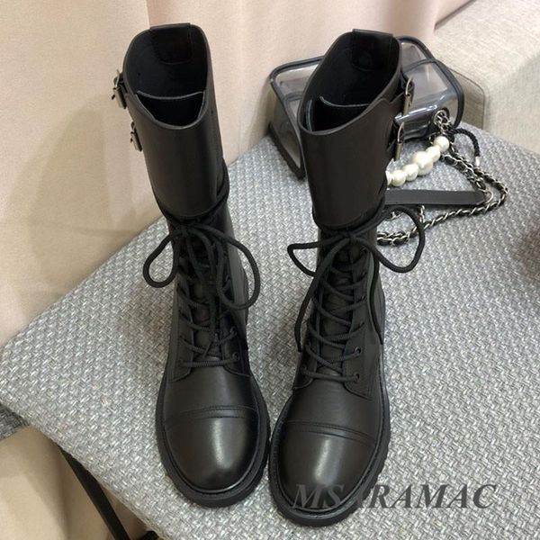 

boots winter black belt buckle lace-up combat leather round toe mid-calf fashion street ladies long1