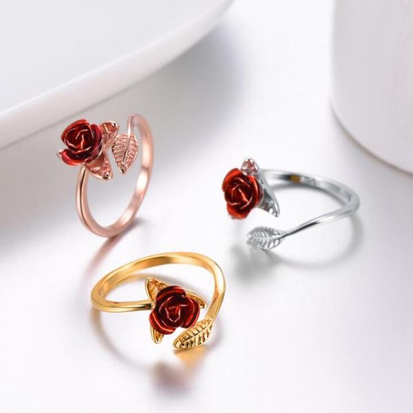

women ring red rose garden flower leaves open ring resizable finger rings for women valentine's day gift jewelry, Slivery;golden