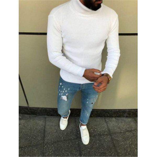 

man stripe solid color knitting sweaters fashion trend long sleeve high neck pullover sweater male spring new skinny casual bottoming top, White;black