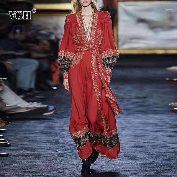 

vgh printed bohemian red dress for female v neck lantern sleeve high waist lace up bowknot maxi dresses female fashion new fall1, Black;gray