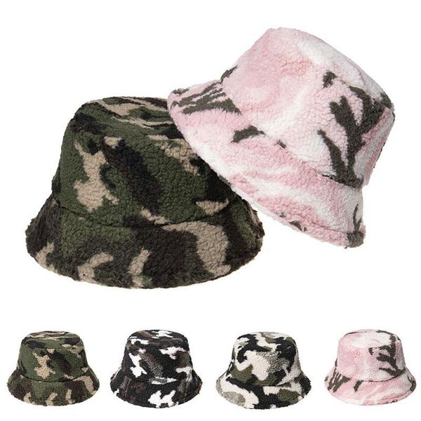 

winter tie dye bucket hats for women faux lamb wool panama girls outdoor warm camouflage cap thick fisherman hats, Blue;gray