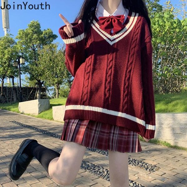 

women's sweaters joinyouth preppy style woman loose v-neck knitted ribbed pullovers sueter mujer japanese sweet jumper coat femme 7b653, White;black