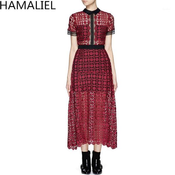 

water soluble lace summer women runway midi dress 2018 self portrait wine red patchwork hollow out lace short sleeve dress1, White;black