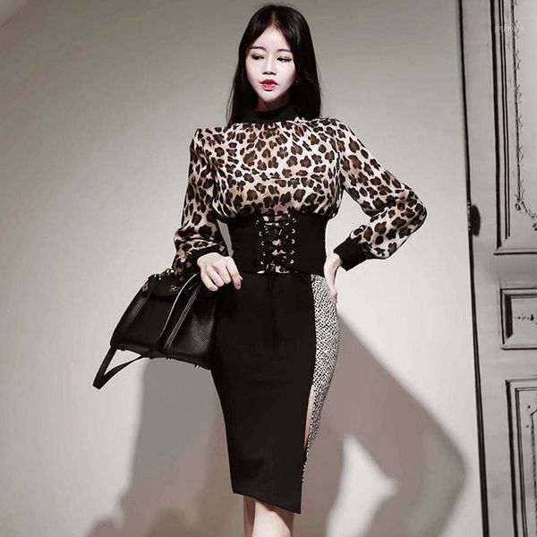 

2020 autumn new fashion women two pieces set elegant o-neck leopard and irregular patchwork pencil skirt korean skirt suit1, Gray