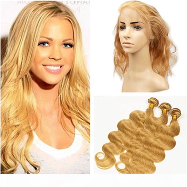 

#27 strawberry blonde body wave peruvian human hair 3bundles with 360 closure honey blonde wavy 360 lace frontal 22.5x4x2" with weaves, Black