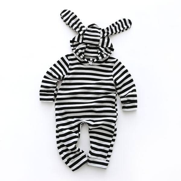 

baby rompers newborn infant children cartoon bunny ears striped hooded jumpsuit spring autumn baby boys girl clothes, Blue