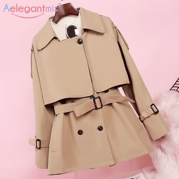 

aelegantmis new fashion women long trench coat autumn winter vintage belt double breasted khaki trench outwear slim office coat lj201128, Tan;black