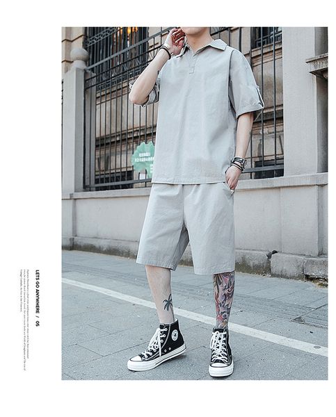 

2021 the new summer new suit short sleeve men's t-shirt wind tools male shorts two gray pieces se69