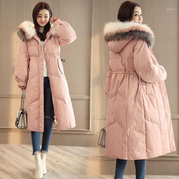 

2021 long winter jacket women korean coat female warm cotton down parkas woman hooded big fur collar mujer chaqueta pph23681, Black