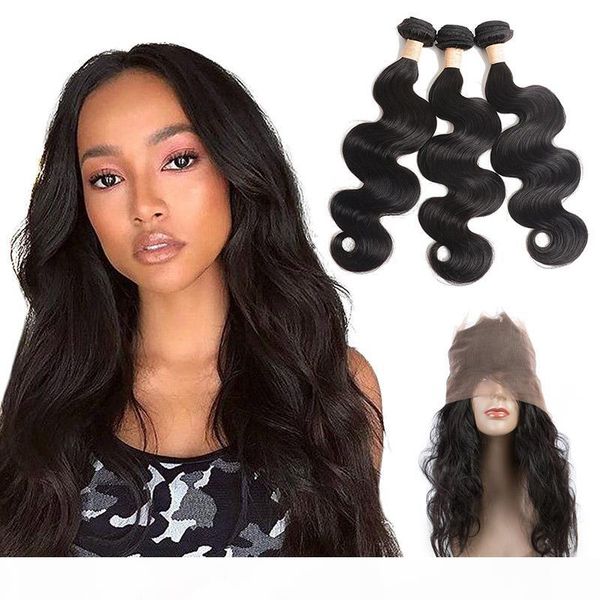 

malaysian unprocessed human hair body wave 3 bundles with 360 lace frontal pre plucked 4 pieces one set virgin hair wefts with 360 frontal, Black;brown