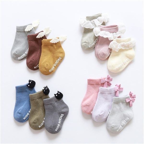 

3 pairs baby girl boy socks lace ruffle bow newborn bebe stuff floor anti slip sox kids infantil clothes accessories y201009, Pink;yellow