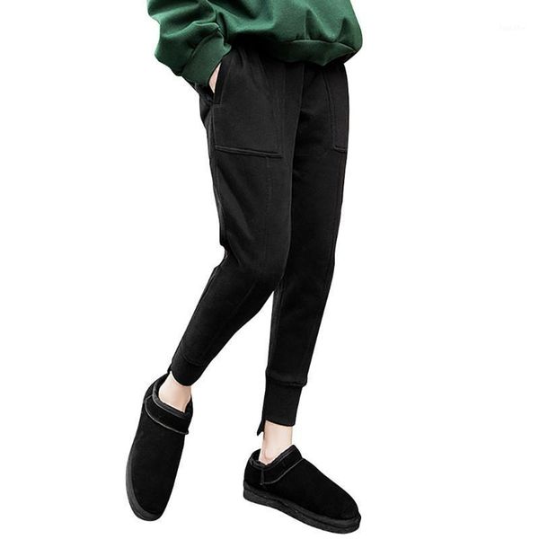 

2019 new style autumn women fashion slim casual pockets full length elastic waist solid cotton pants z831, Black