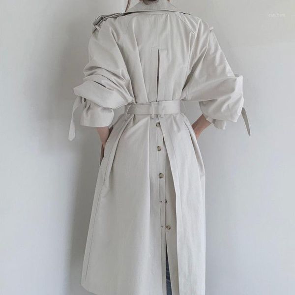 

ewq] 2020 new autumn british style long over the knee windbreaker long sleeve turn-down collar double breasted coat minimalism1, Tan;black